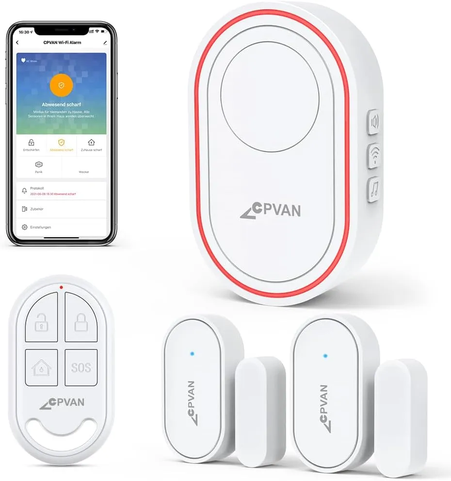 CPVAN CP7R Door Chime, Smart Door Window Alarm Sensor with APP Alert, Remote Control, 2.4 GHz Wi-Fi Base Station Alarm Siren for Kids Elders Safety Compatible with Alexa, for Home House Apartment