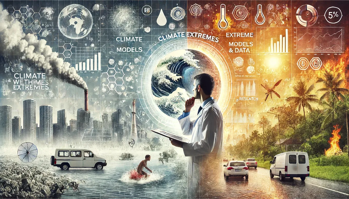 It illustrates the split-screen effect showing a scientist analyzing climate data on one side and various extreme weather events on the other side, emphasizing the unpredictable nature of climate change