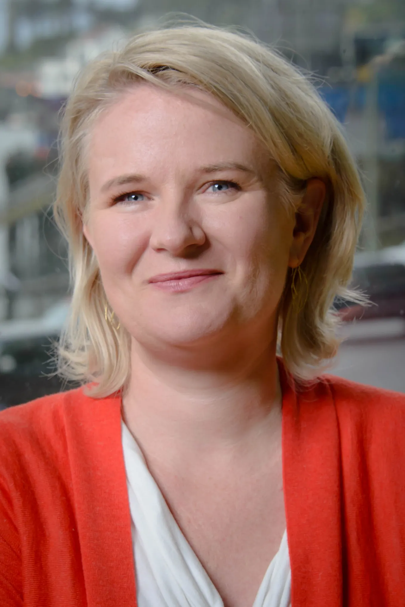 Smiling blonde white woman