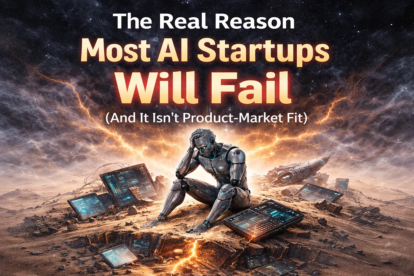 The Real Reason Most AI Startups Will Fail shows a metallic humanoid robot sitting on a mound of sand and broken technology in a dramatic desert-like scene. Around it lie shattered screens, AI dashboards, and scattered devices partially buried in the sand, symbolizing unstable foundations and failed architectures. A glowing crack of energy splits the ground beneath the robot, emphasizing structural collapse, while a stormy sky with lightning-like streaks illuminates the scene…