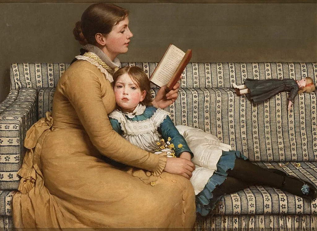 Painting of mother reading to daughter. George Dunlop Leslie, “Alice in Wonderland.”