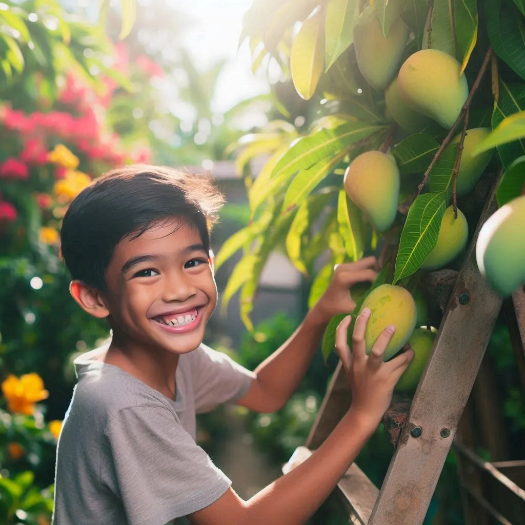 Young filipino boy plucking mango