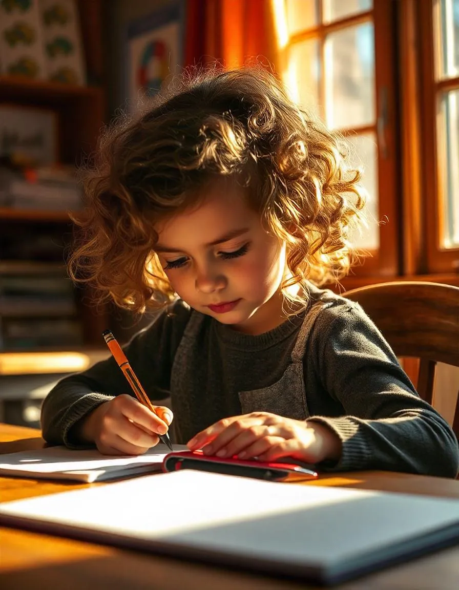 A beautiful small girl attempting to write in her notebook behind closed doors with a ray of sun seeping through her window.