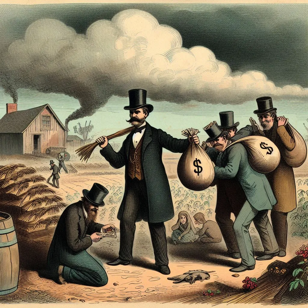 An imagined Nineteenth-century editorial cartoon of government agents collecting taxes on a poor farm.