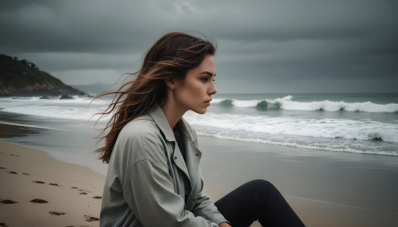 Woman sitting by the ocean