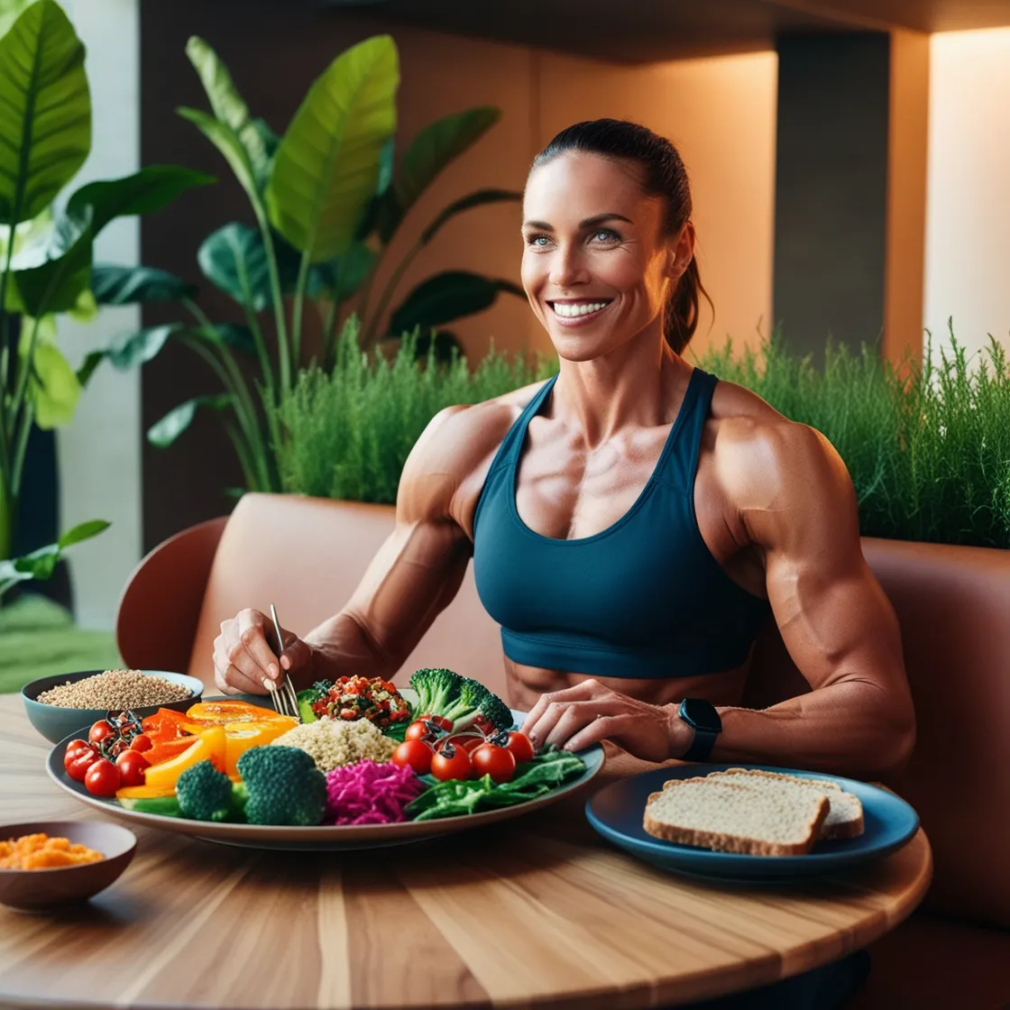 An athlete enjoying a plant-based meal, filled with vibrant vegetables and grains, symbolizing the energy and recovery benefits of a plant-based diet.