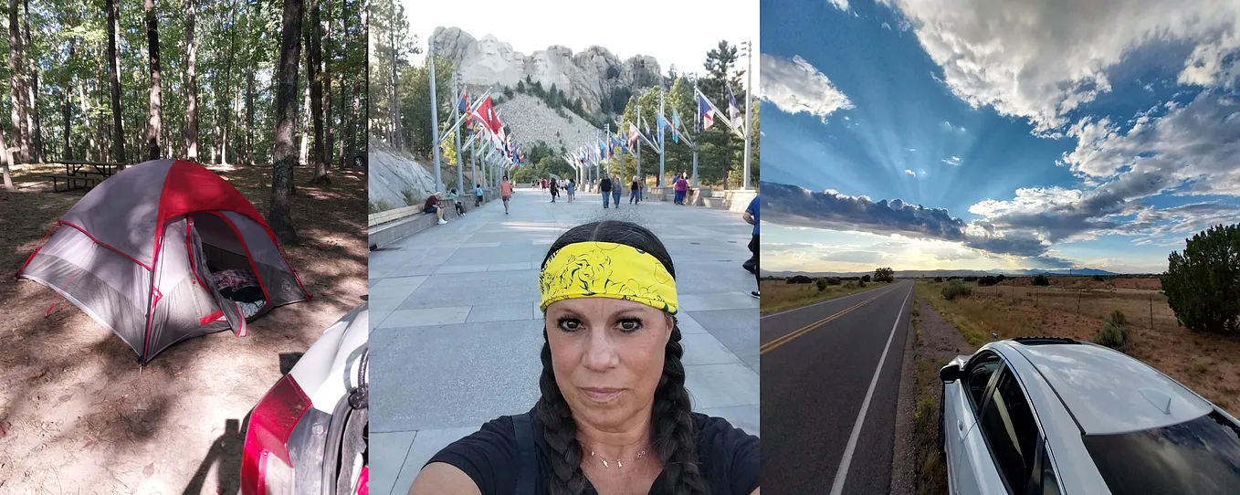 A tent set up at a campsite in Georgia, a woman with a yellow Crazy Horse bandana and long pigtail braids, posing for a selfie in front of Mount Rushmore in South Dakota, a white Honda Civic on the side of the road in the foreground of a photo of sun rays beaming out from clouds over a long stretch of road in Santa Fe New Mexico desert.