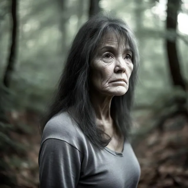 Sad middle-aged woman in a forest