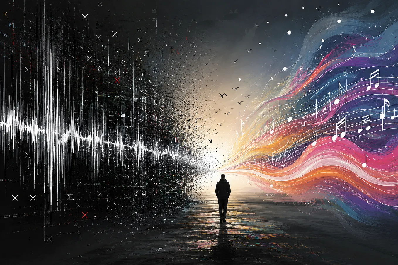 A surreal digital artwork of a solitary figure walking toward a bright horizon where a monochrome landscape of audio waveforms and digital artifacts transforms into flowing ribbons of colorful music, symbolizing AI music’s evolution from spam and opacity toward transparency, creativity, and artistic legitimacy.