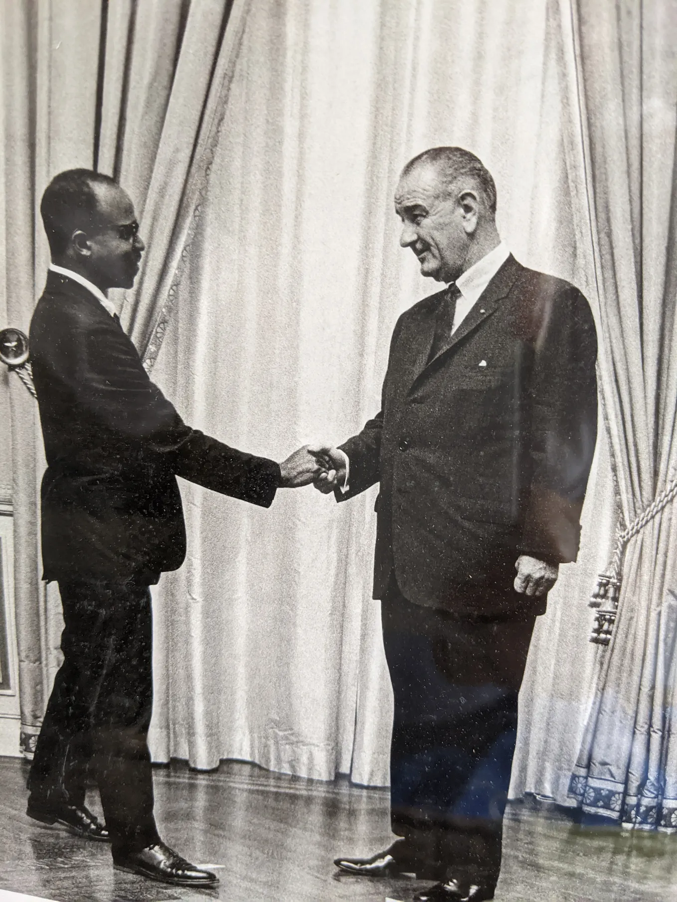 Eric Springer, a young Black man shakes the hand of Lyndon Johnson. He is a new advisor on the Human Rights Commission.