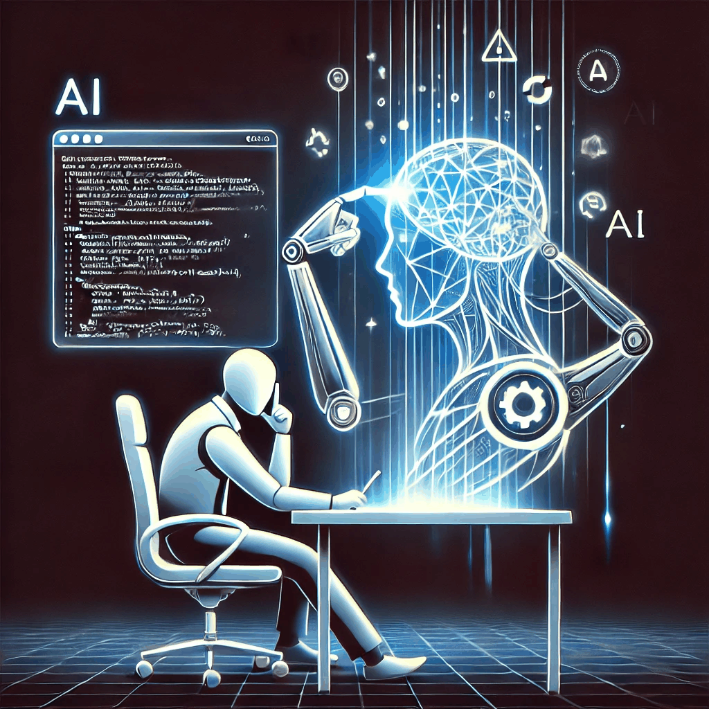 A puzzled researcher staring at an evolving AI interface, as a robotic arm types its own code — depicting AI surpassing human comprehension.