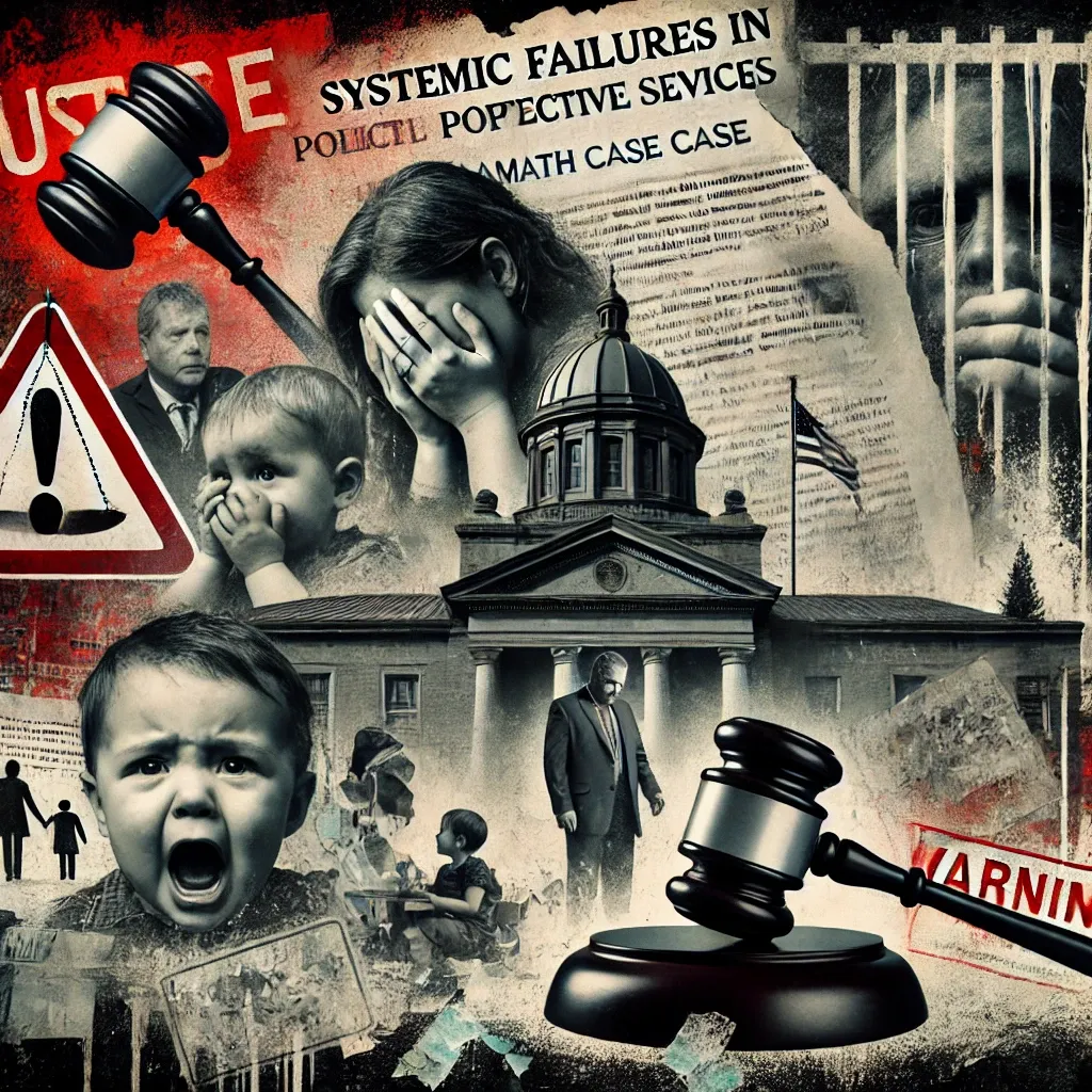 A dramatic graphic collage illustrating systemic failures in Child Protective Services (CPS) in Klamath Falls. The image features symbolic elements including a broken courthouse in the background, distressed children and parents in grayscale, legal documents with highlighted text, scales of justice, and a prominent gavel. Red warning signs and case references add to the sense of urgency and injustice..