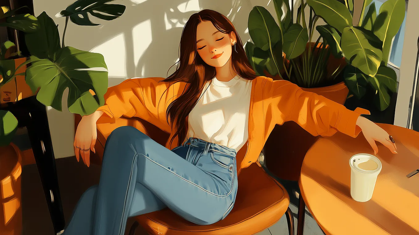 A woman sits relaxed in a cozy café, wearing an orange jacket and blue jeans. She appears peaceful with her eyes closed, enjoying the warmth of the sun shining through the window. Plants and a coffee cup are visible around her, adding to the serene atmosphere.