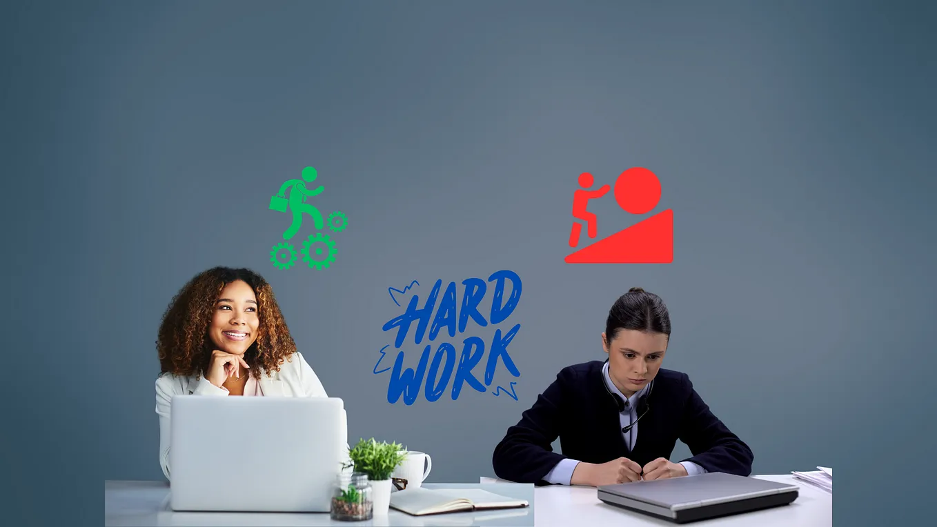 Two women sitting at a desk, one enjoys her job the other hates her job