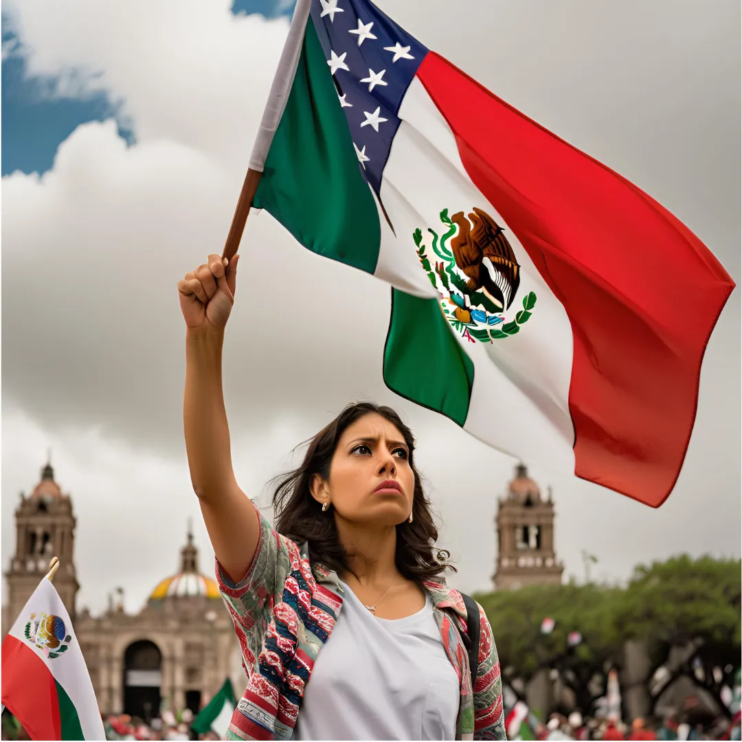 A confused brunette woman holding a flag that is part Mexican and and part U.S.