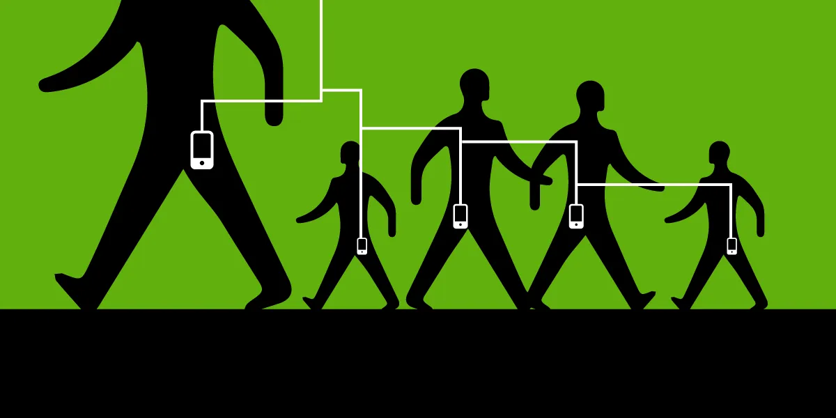 EFF’s mobile security banner, featuring black silhouettes of people walking back and forth with white icons of mobile phones in their pockets. The phones are joined by white lines. Image: EFF https://www.eff.org/files/banner_library/mobile-surveillance_0.png CC BY 3.0: https://creativecommons.org/licenses/by/3.0/us/