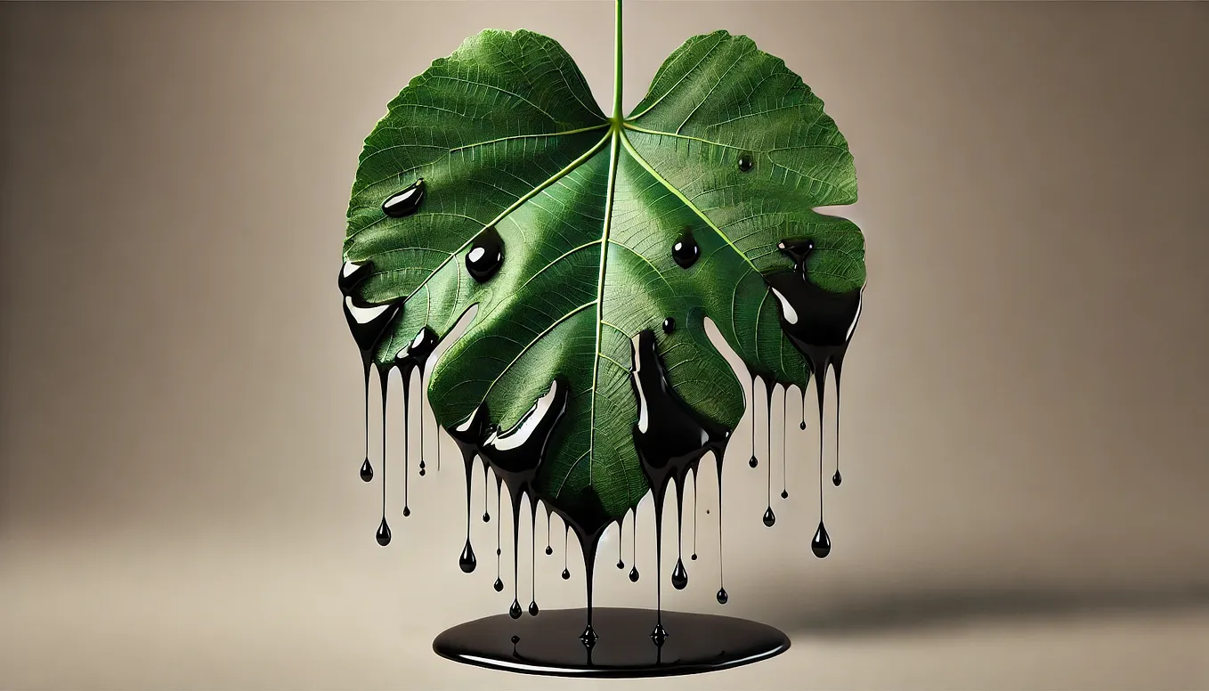 ChatGPT generated panoramic image of a figleaf dripping black oil