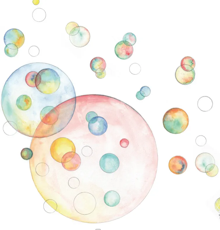 Interconnected bubbles of different colors and sizes.