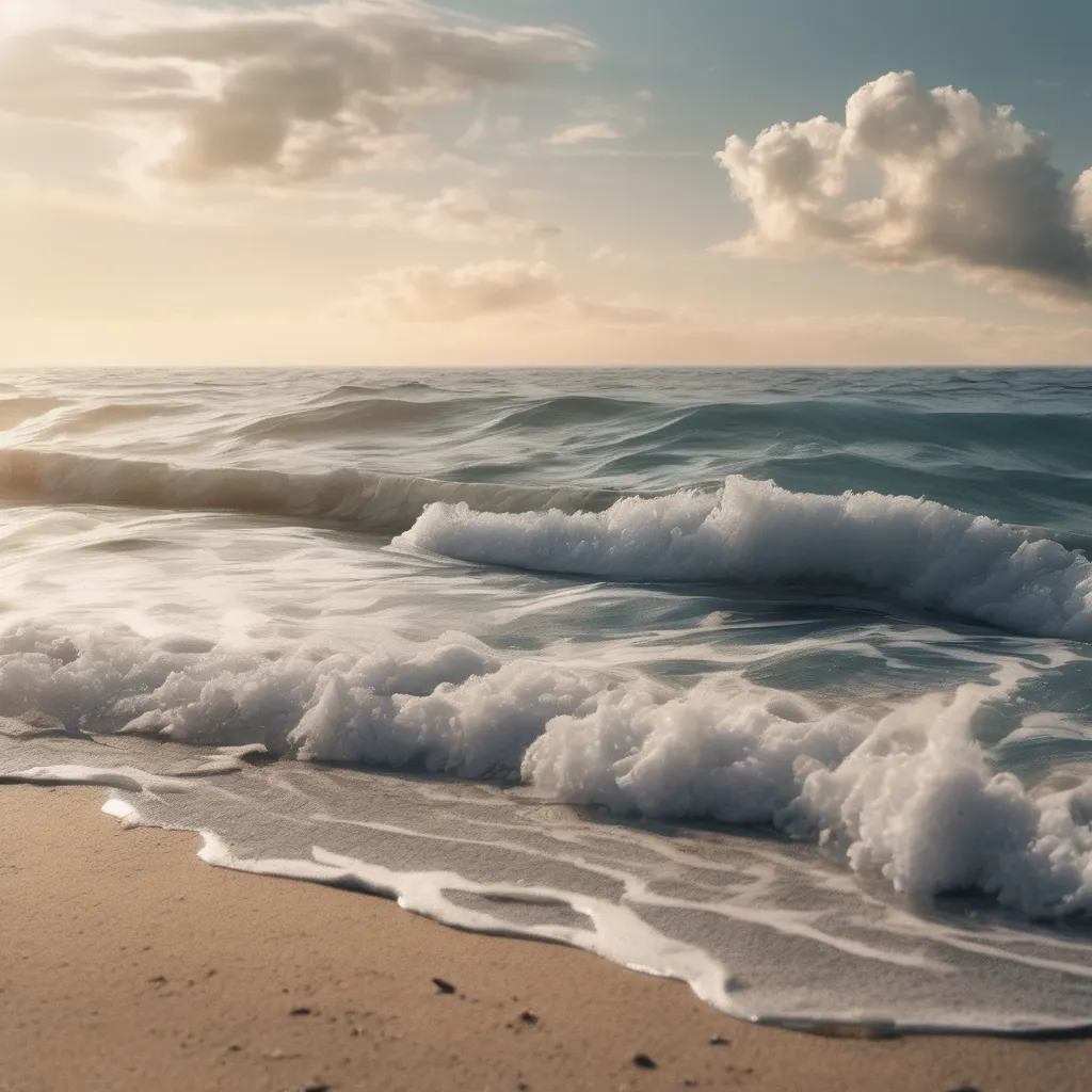 Waves gently crashing on a sandy beach under a serene sky with soft clouds, evoking a sense of peace and tranquility.