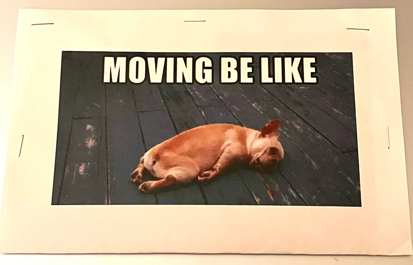 Color horizontal image closeup of a handmade horizontal card. A piece of white 8.5x11 paper folded in half, and stapled 3 atop and 1 on left, with a graphic printed on the front showing a cute, funny, exhausted small, tan colored Boxer-looking puppy with no tail, laying face down on a dark blue wooden porch, it’s head turned with right side in view, and above in white, block lettering “MOVING BE LIKE”.