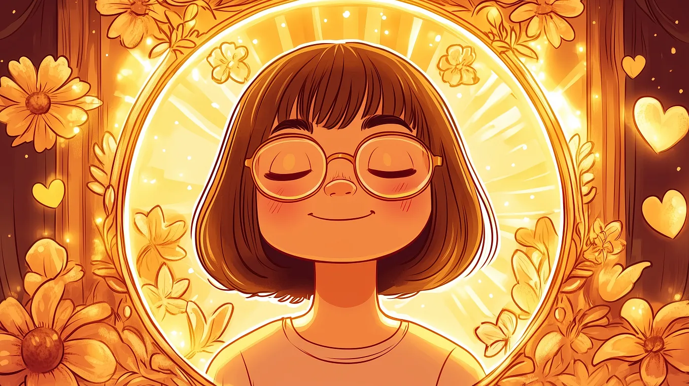 A peaceful illustration of a young girl with short brown hair and glasses, smiling softly with her eyes closed. She is surrounded by glowing golden flowers and hearts, bathed in warm, radiant light, evoking a sense of inner peace and contentment.