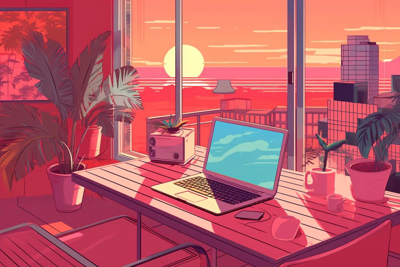 An office with a laptop on a wooden desk with a plant, overlooking a cityscape and sunset
