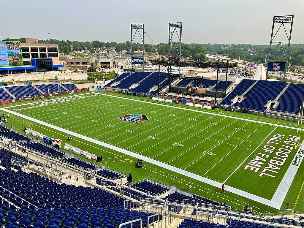 A birds-eye view of the Tom Benson Hall of Fame Stadium in Canton, Ohio.