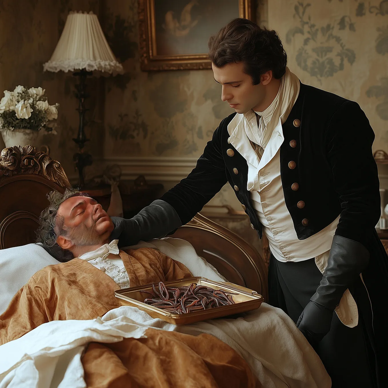 A French Physician circa 1800 treating a patient with leech therapy