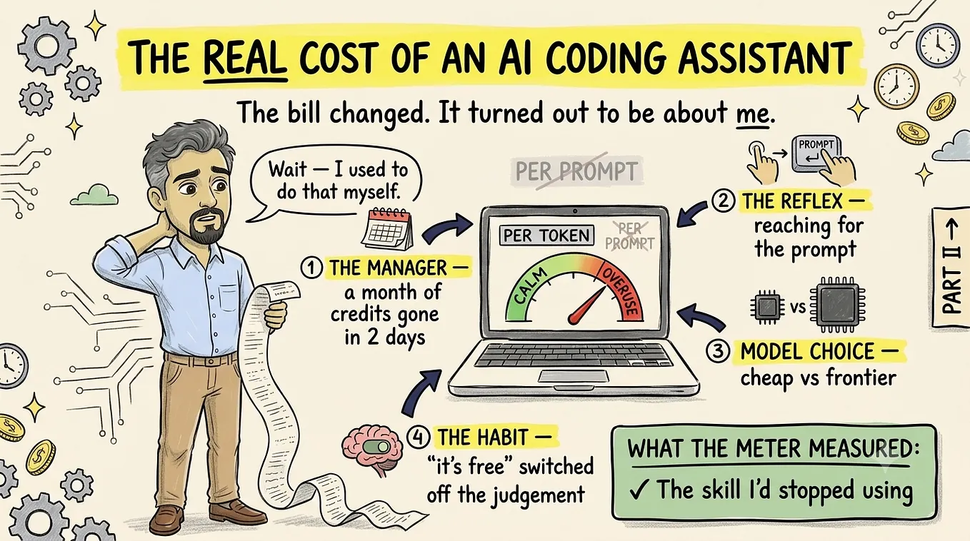 A sketchnote infographic of a developer (me) holding a long receipt beside a laptop that has a meter swung from green to red, labelled “per token” replacing a crossed-out “per prompt,” surrounded by four callouts about the manager, the reflex, model choice, and habit. (Illustration generated with Google Gemini)