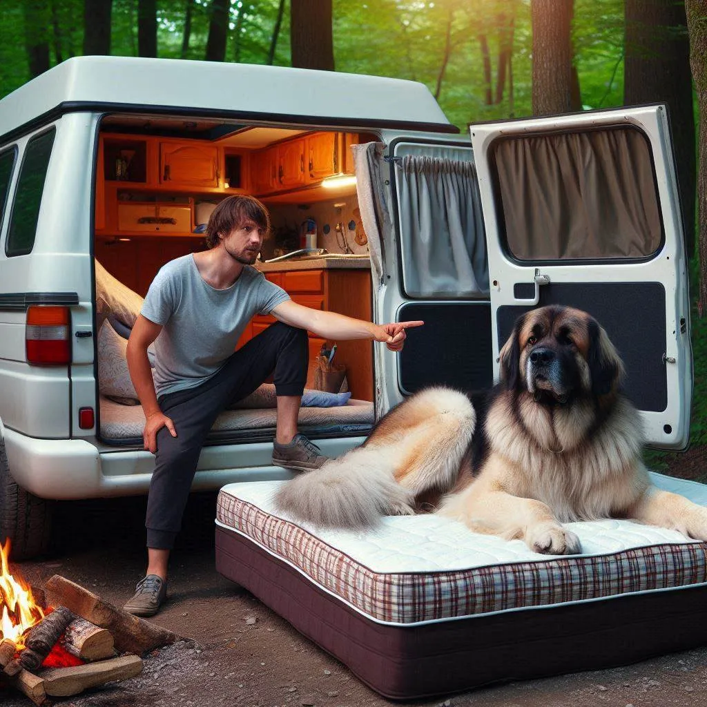 minivan camper at a campsite, camping with his dog