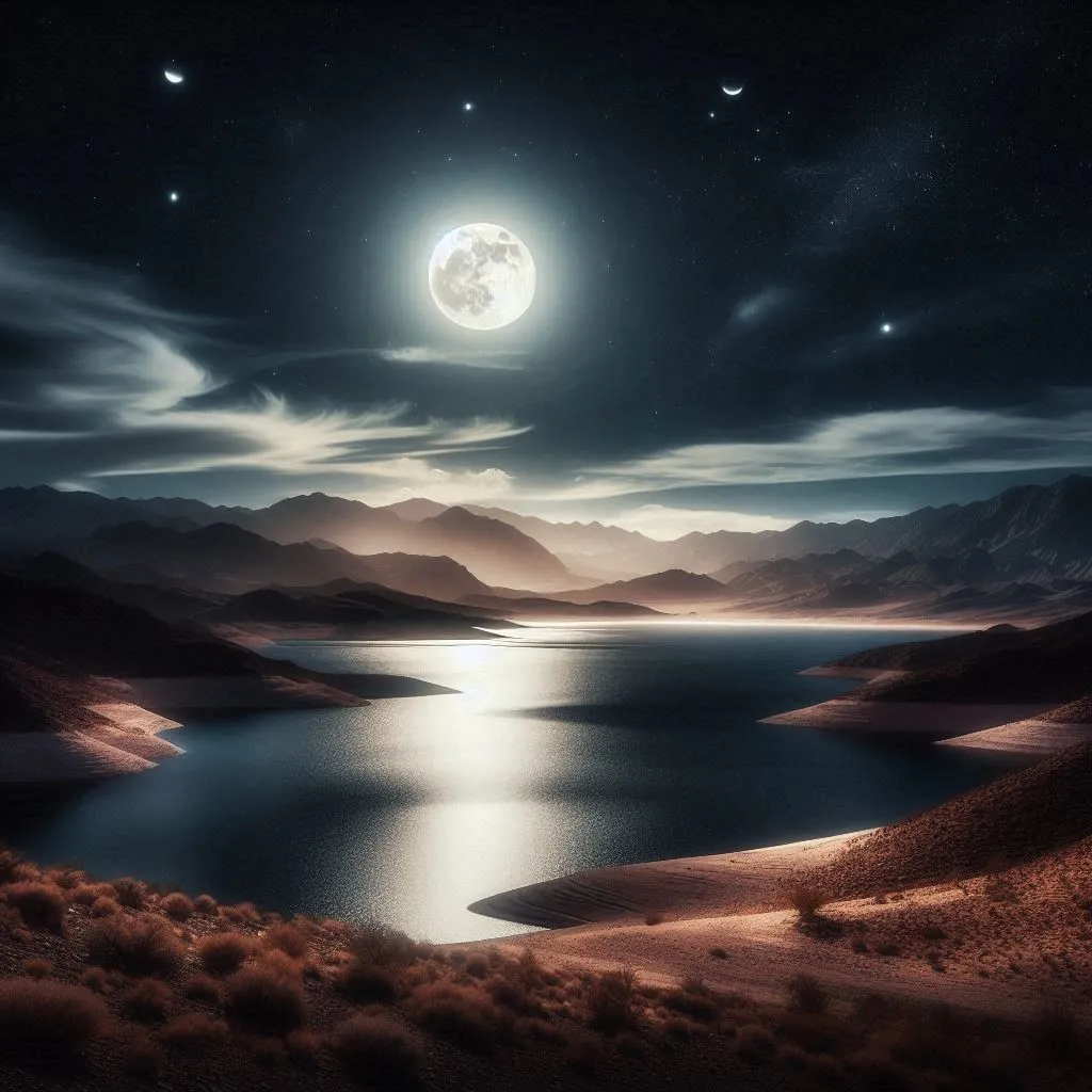 Moonlight dancing across the waters of a Nevada desert  lake.