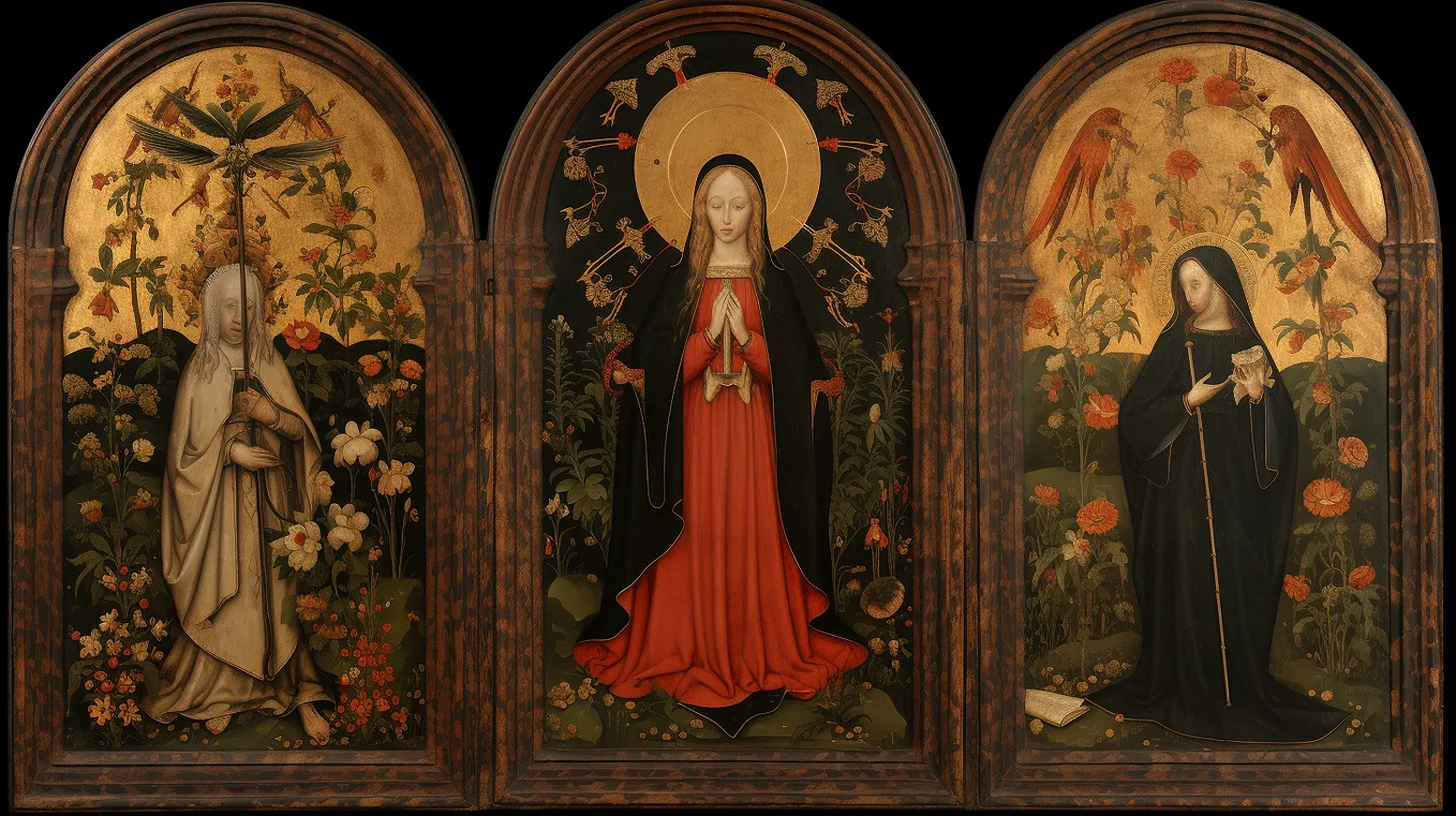 Medieval Triptych of Divine Women of Christianity, Buddhism, and Islam.