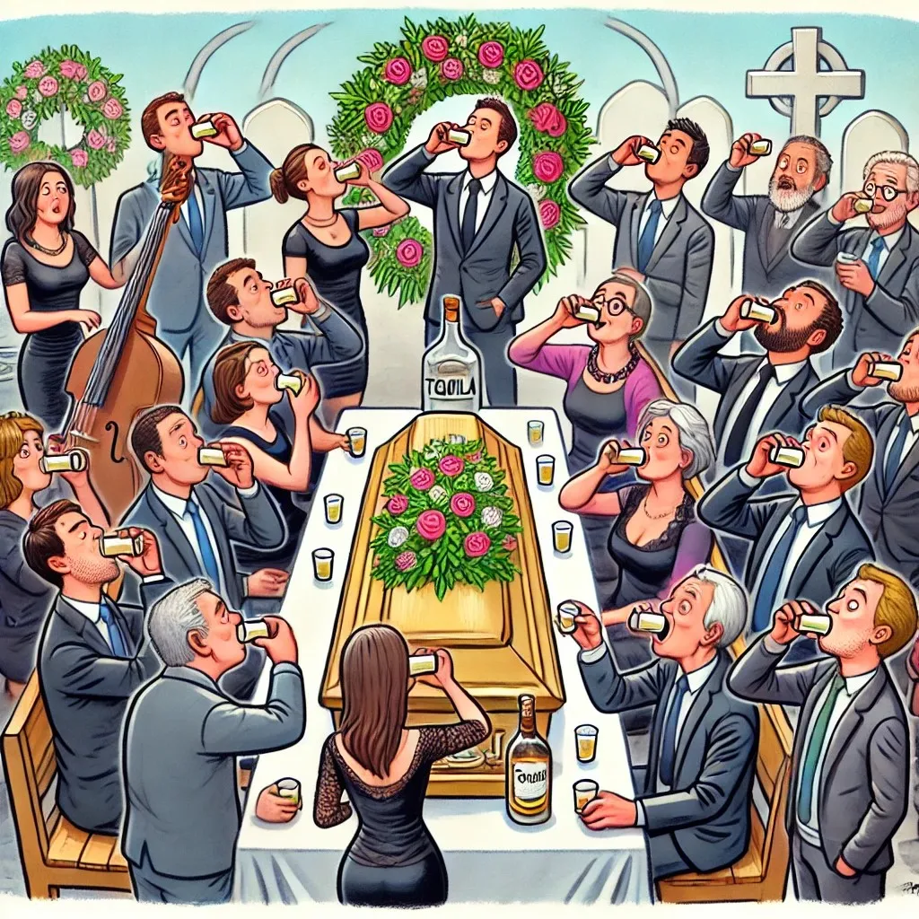 a cartoon of funeral goers drinking shots of tequila around a coffin.