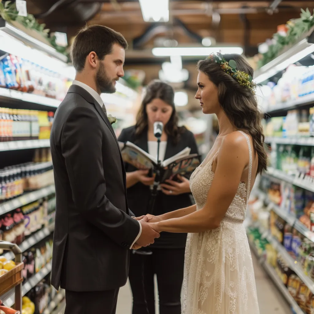 ai generated image of a man and woman getting married by an officiant in a grocery store aisle