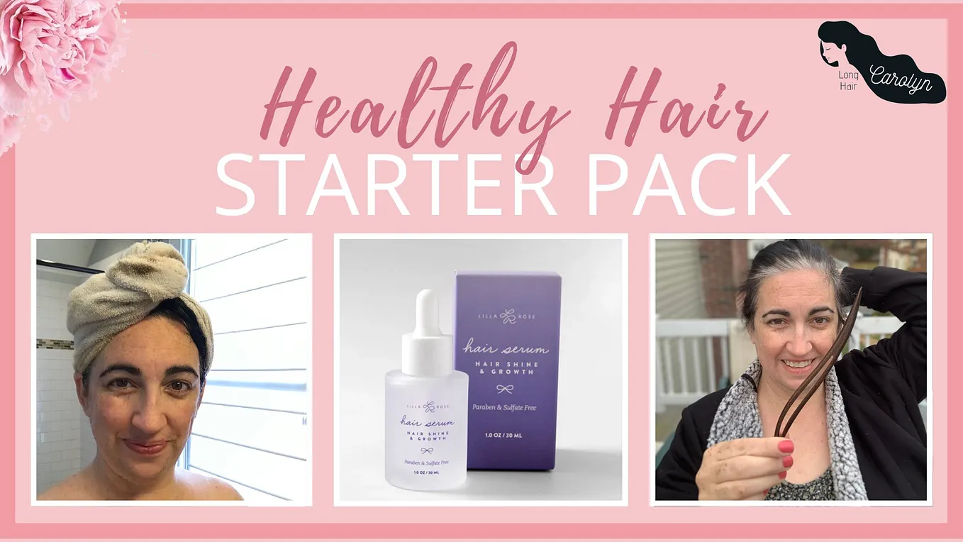 Healthy Hair Starter Pack with images of Long Hair Carolyn in bamboo hair towel, with curve hairstick, and a bottle of hair serum