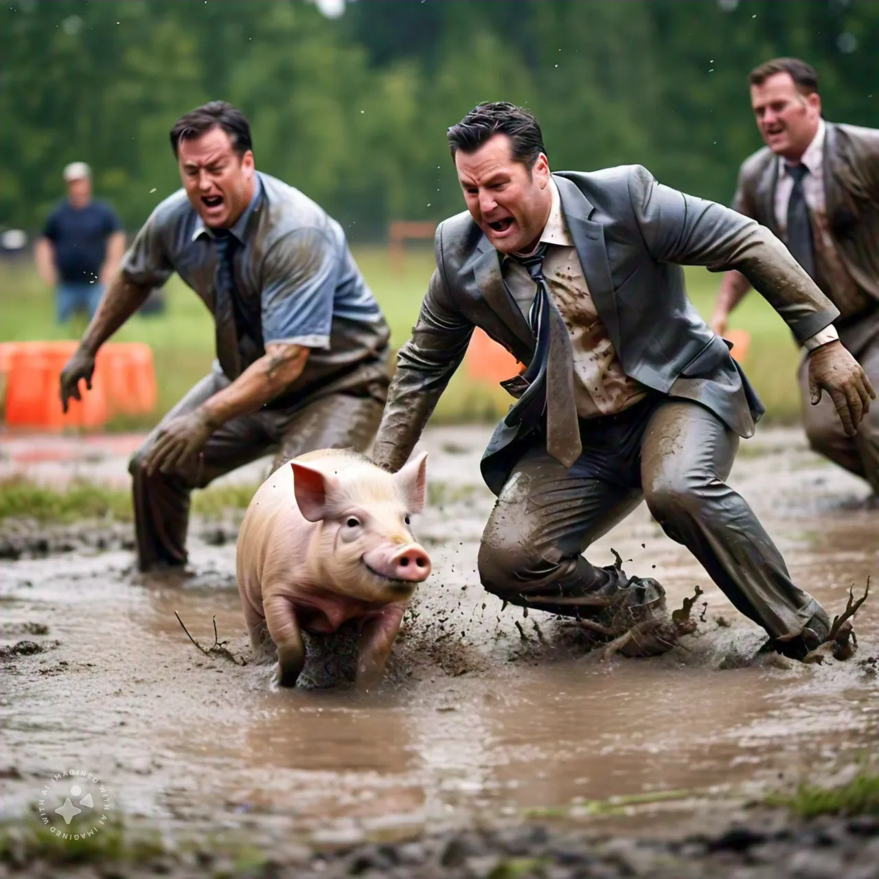 Clone-like silicon valley corporate executives in suits scrambling wildly after a pig, all of them covered in filth and mud.