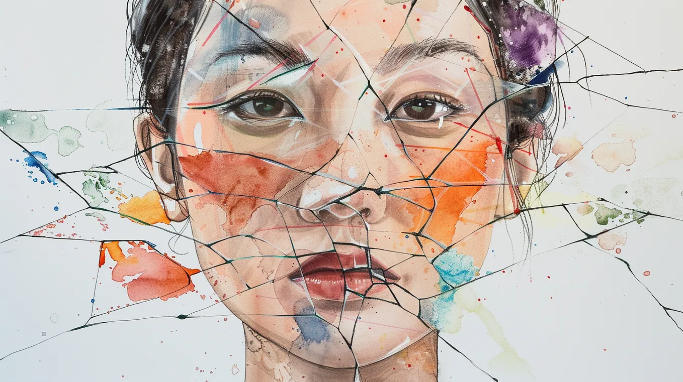 A hyper-realistic, watercolor-style portrait of a woman’s face, fragmented by abstract, cracked lines as if seen through broken glass. Her deep, expressive eyes are the focal point, surrounded by splashes of vibrant colors — orange, green, purple, and blue — interwoven with delicate lines. The cracks create a surreal effect, symbolizing complexity and introspection, while the soft, blurred colors and intricate details evoke a sense of emotional depth and vulnerability.