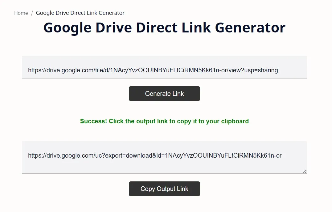 Google Drive Direct Link Generator tool successful link conversion.