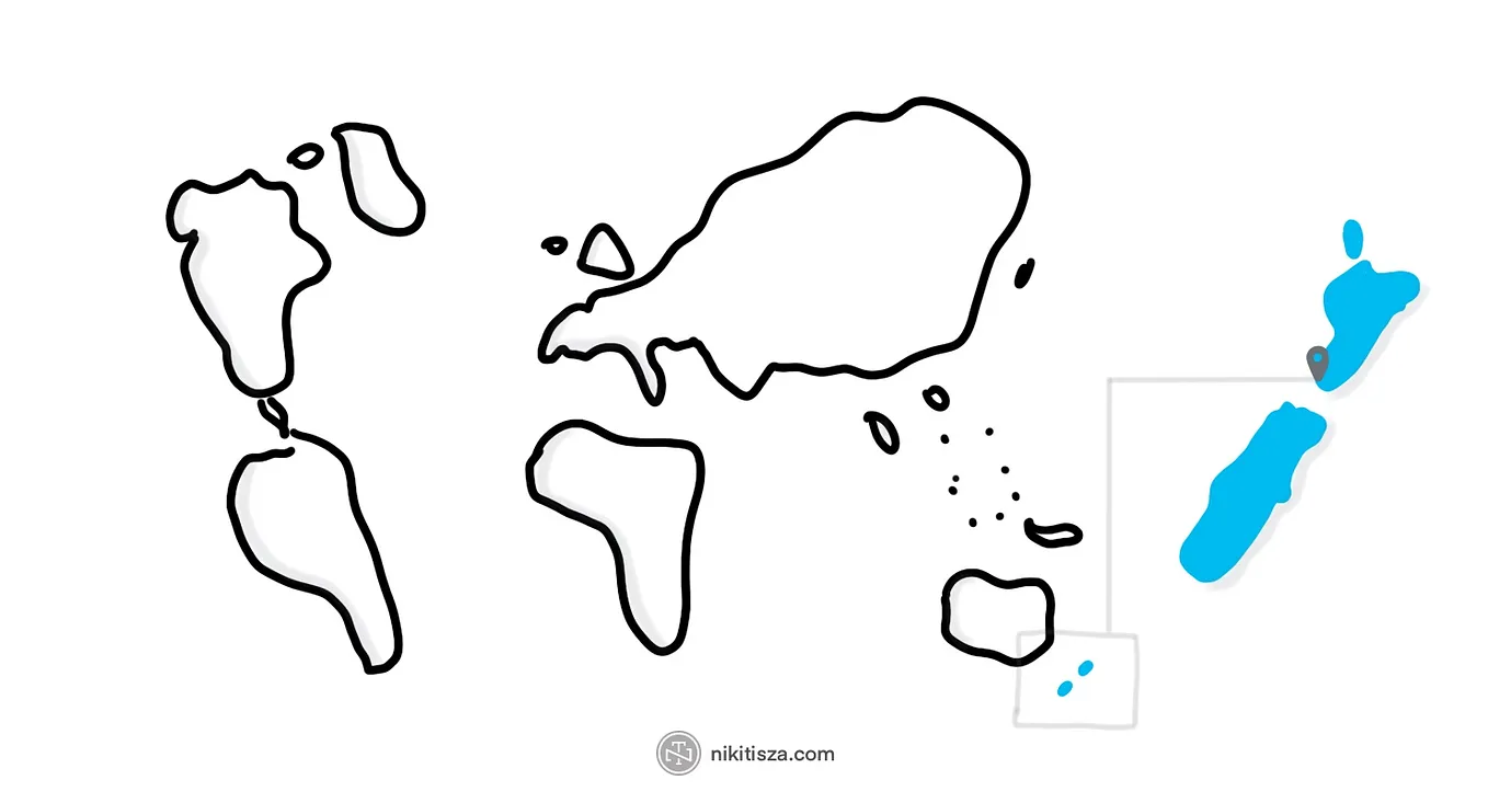 New Zealand Aotearoa on world map — doodle by Niki Tisza