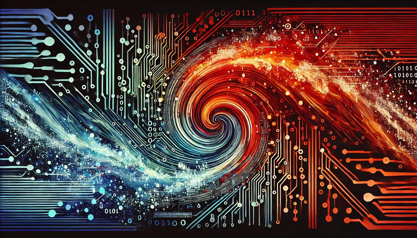 An abstract image featuring a swirling vortex of binary code and circuit patterns. The vortex transitions from chaotic red and orange hues on the left, symbolizing urgency, to calm blues and greens on the right, representing stability. This design symbolizes an SRE tackling an outage, with digital elements and colors blending fluidly to evoke a sense of transformation from chaos to order. There is no depiction of an actual firefighter, emphasizing the abstract and artistic nature of the scene.