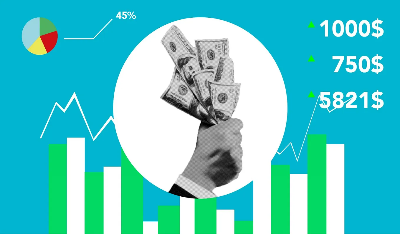 A composite graph showing increasing prices with a hand holding a sheaf of banknotes superimposed in the middle.