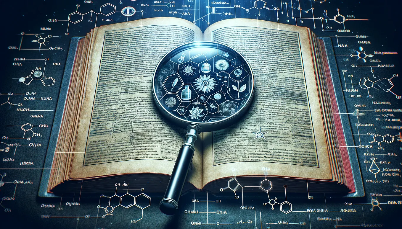 An open book with a magnifying glass over it, symbolizing deep research and investigation. The pages of the book contain scientific diagrams and text related to pharmaceuticals and natural substances, hinting at the complex analysis of defining what a drug is.