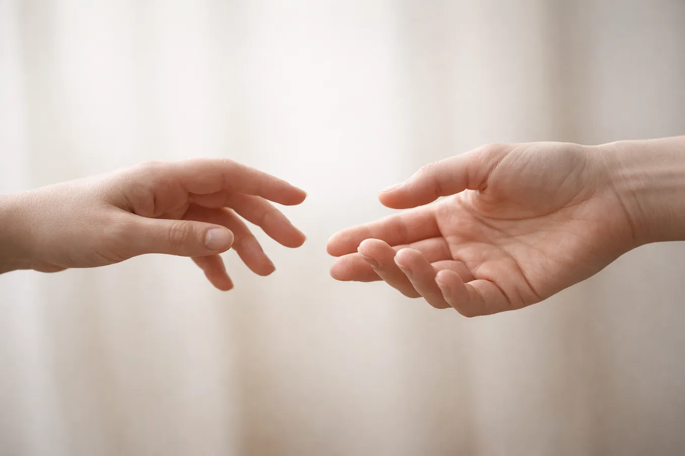 Two adult hands move away from each other, their fingertips almost touching but drifting apart. The soft light and neutral background evoke loss, realization, and the quiet distance that follows missed lessons in love.