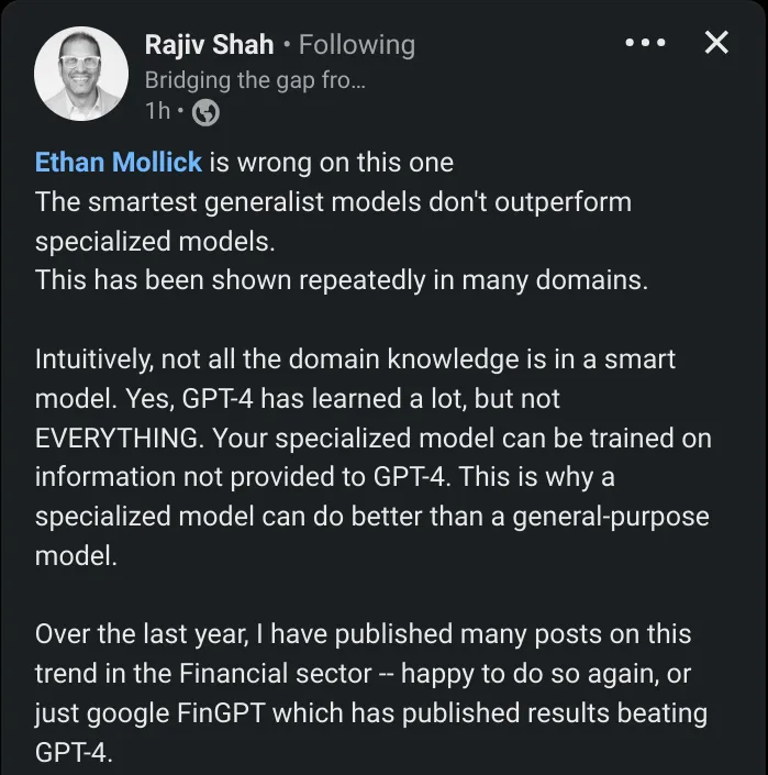 Generalist models vs specialized ones // it depends (as usual)