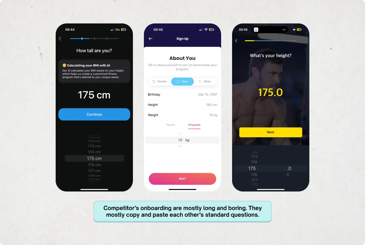 Screenshot of comparable apps boring onboarding steps that is the same for most fitness apps but different for ladder.