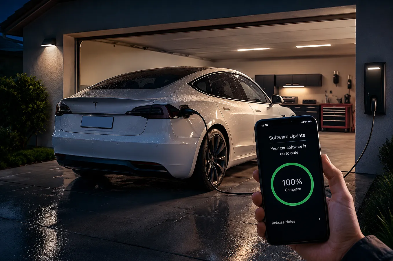 White electric car charging in a garage beside a smartphone showing a completed software update.
