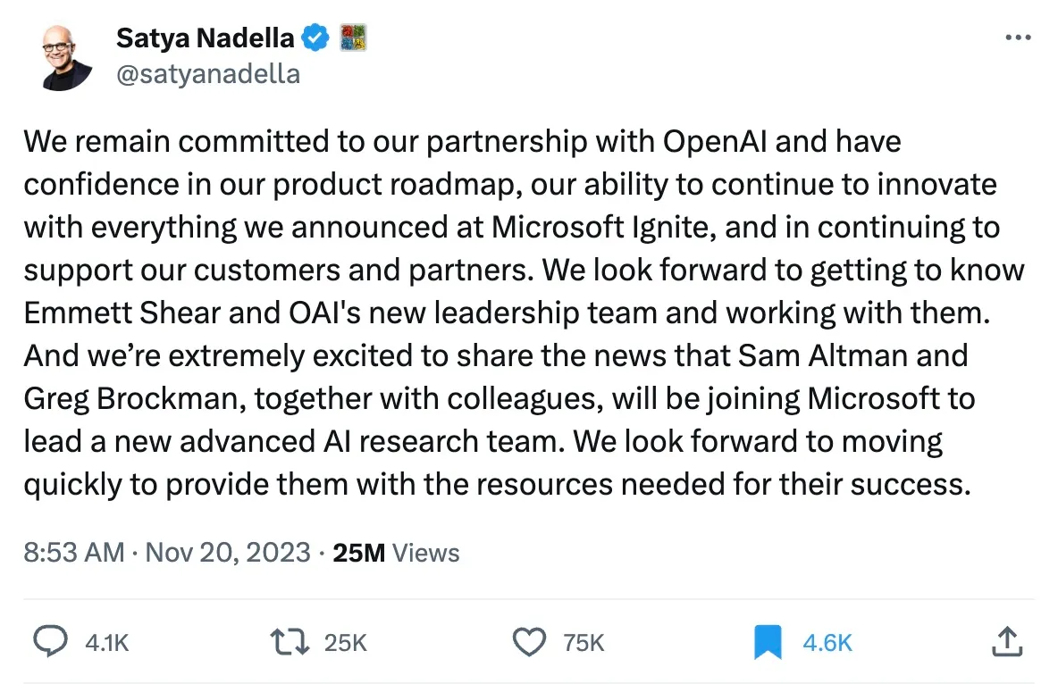 IMAGE: An X update in which Satya Nadella communicates his support to OpenAI, but also that he has hired Sam Altman and Greg Brockman