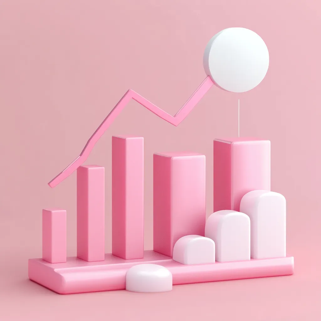 article key visual with chart elements showing growth of sales. Key colors “e11a72. Studio shot, 3d style, cinema4d style, product photography with clean single color pale pink background
