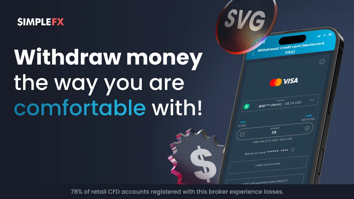 Great news for our customers! Credit card withdrawal is now available on SimpleFX! 💳☑️