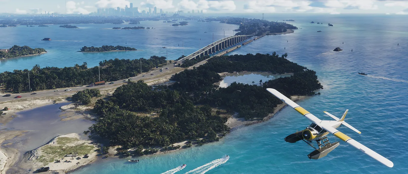 Bird’s eye view of a sunlit area of Leonida Keys from Grand Theft Auto VI, including a single prop plane in the foreground. (Rockstar Games)